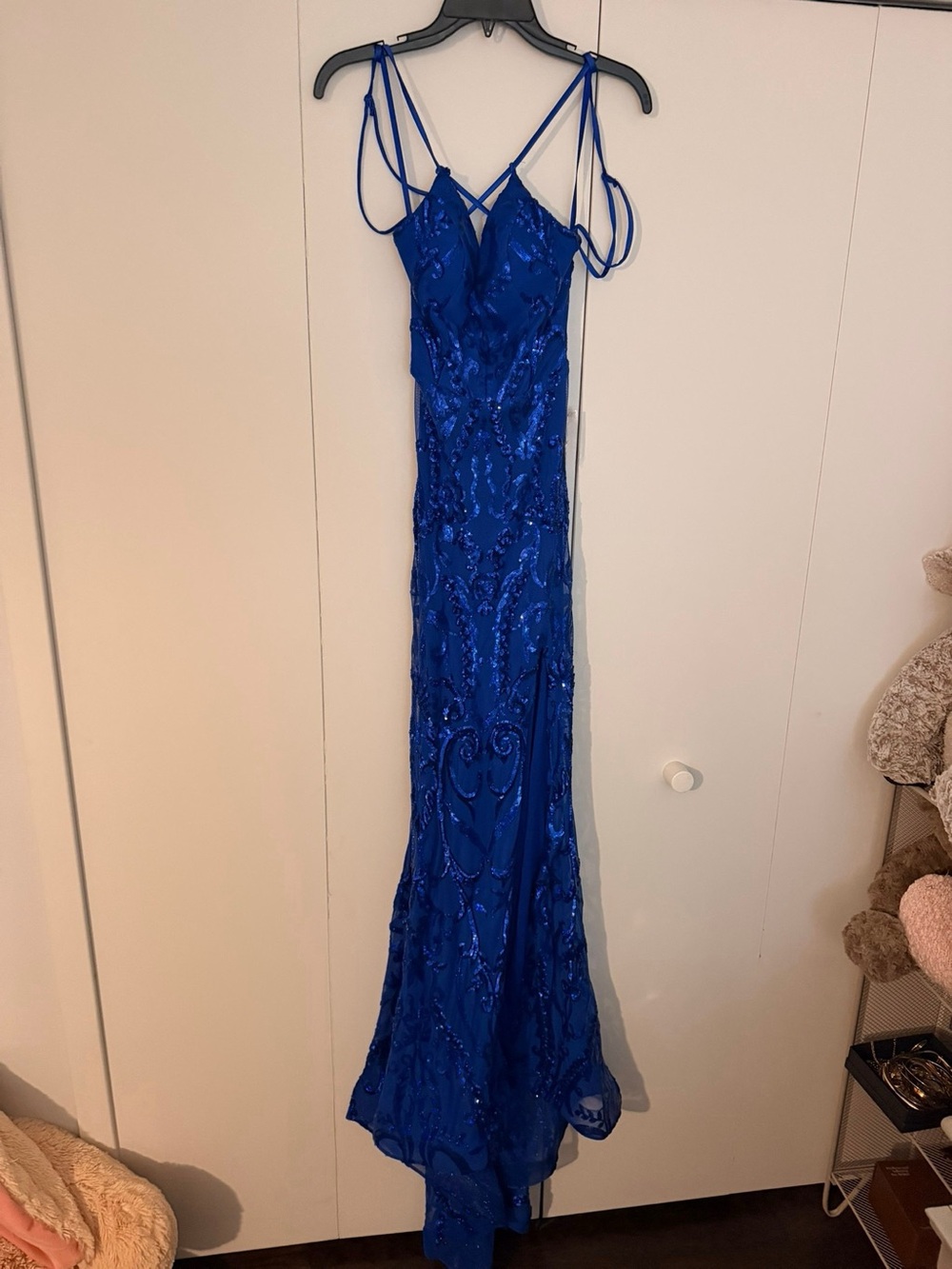 B Darlin Royal Blue Sequin Maxi Gown with Spaghetti Straps